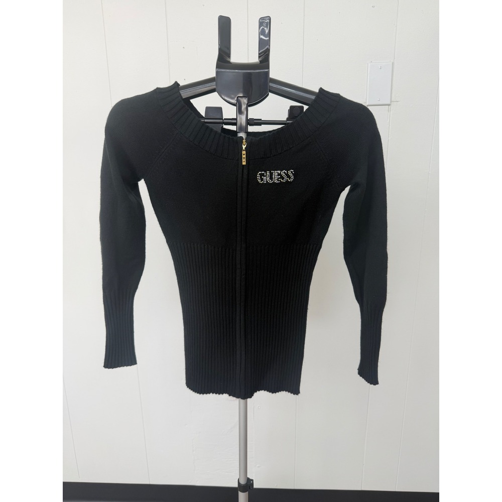 Guess Sweater Women Medium Black Good Boat Neck Ribbed Zip Rhinestone Logo
